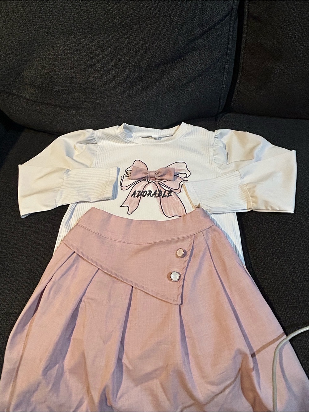 SHEIN Cream Long-Sleeve Top with Pink Bow Graphic & Dusty Pink Skirt Set